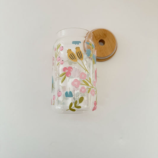 Wild Flowered 16oz glass bamboo cup