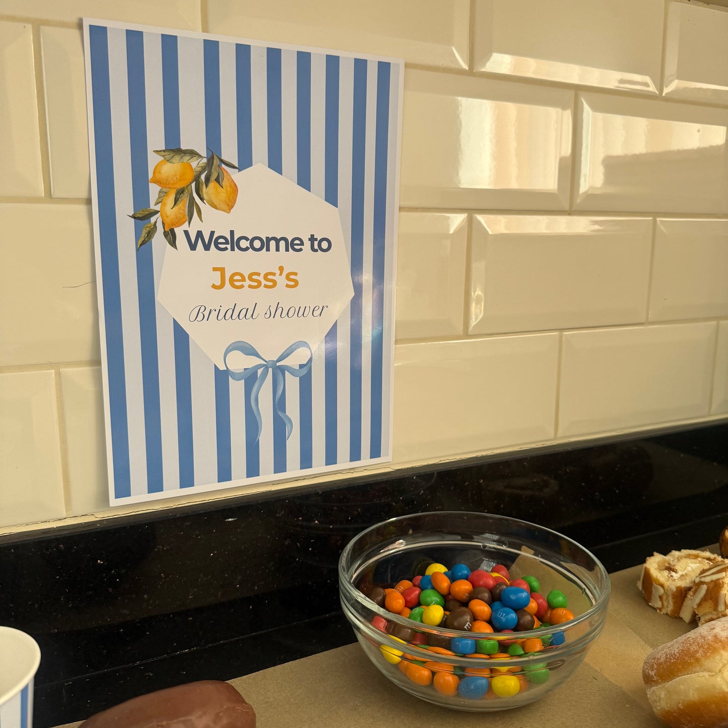 Personalised blue and lemon bridal shower signage