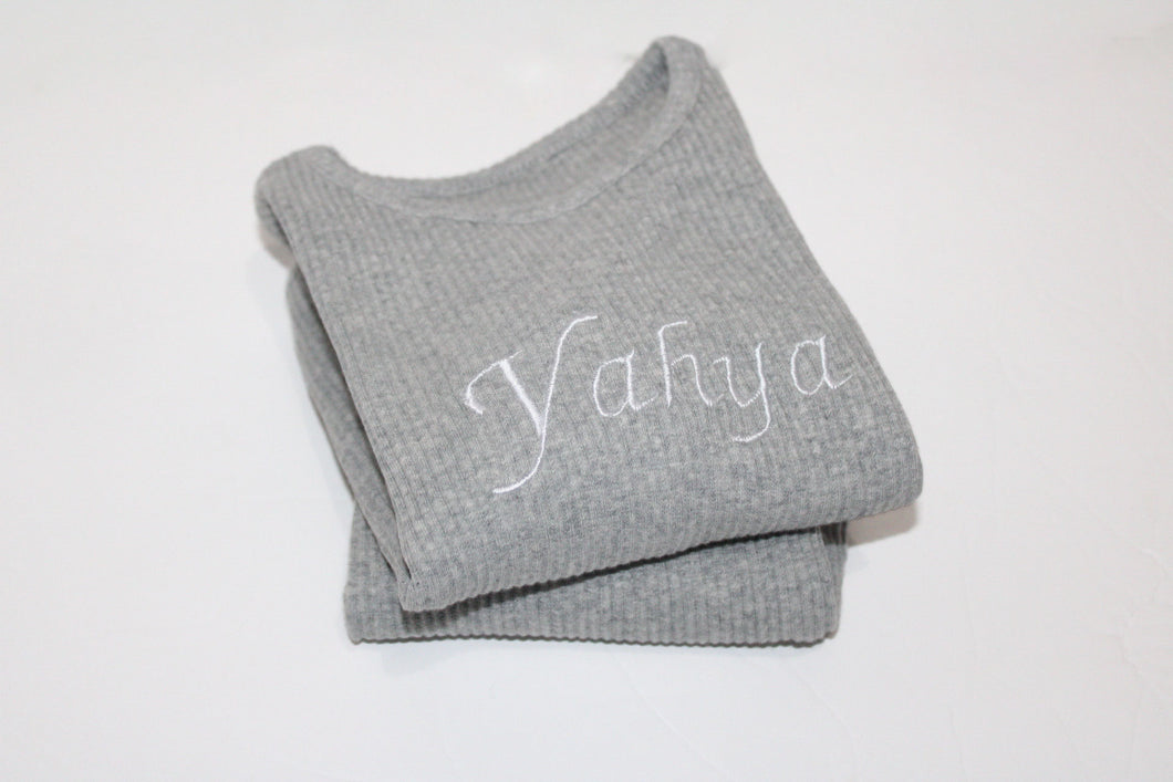 Custom Texted Embroidered Dove Grey ribbed loungewear