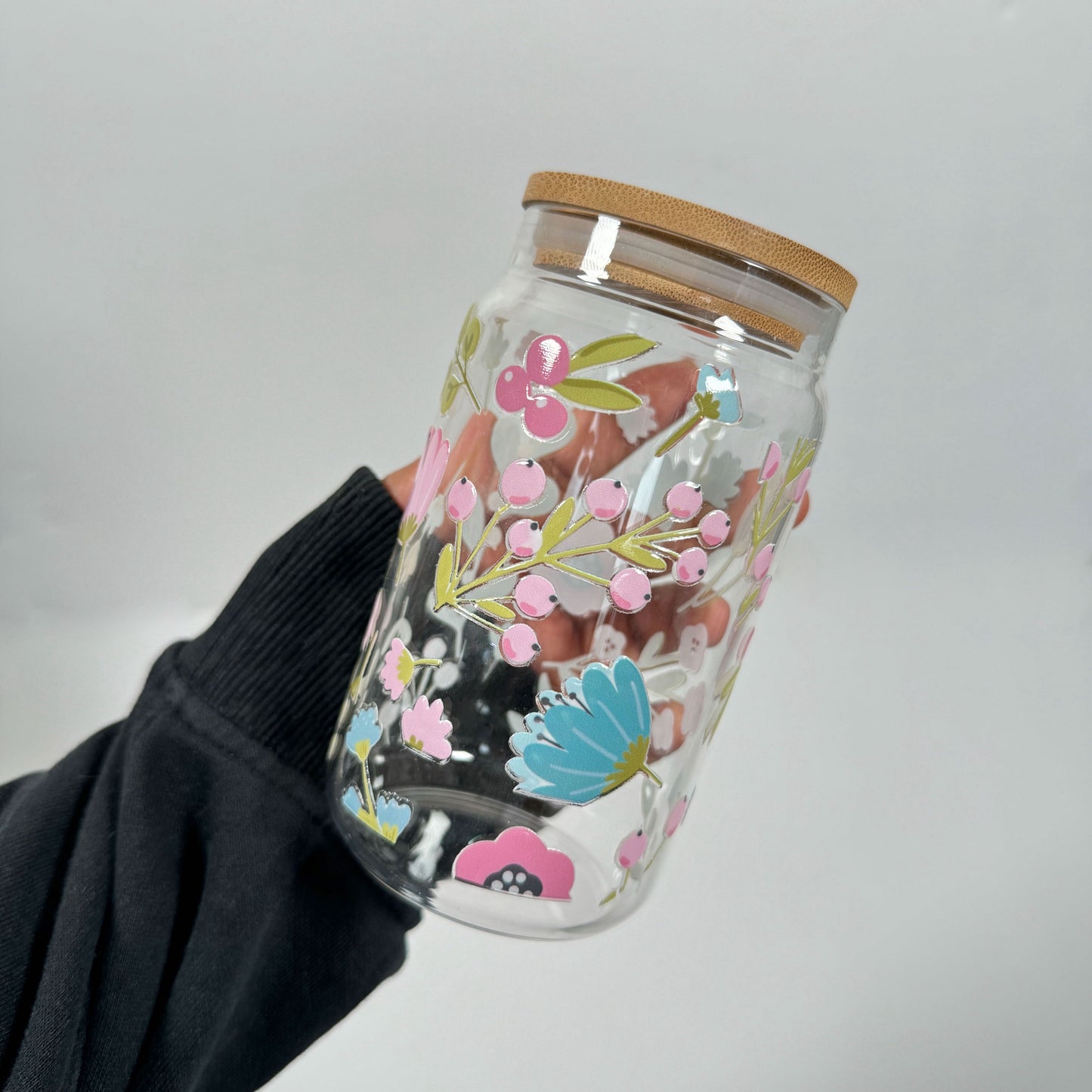 Wild Flowered 16oz  glass bamboo cup
