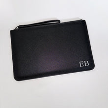 Load image into Gallery viewer, Black clutch bag with personalised initials on the bottom right side
