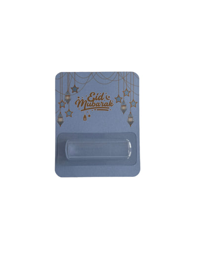 Blue card with 'Eid Mubarak' text and decorative elements on a white background