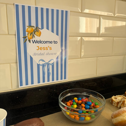Personalised blue and lemon bridal shower signage