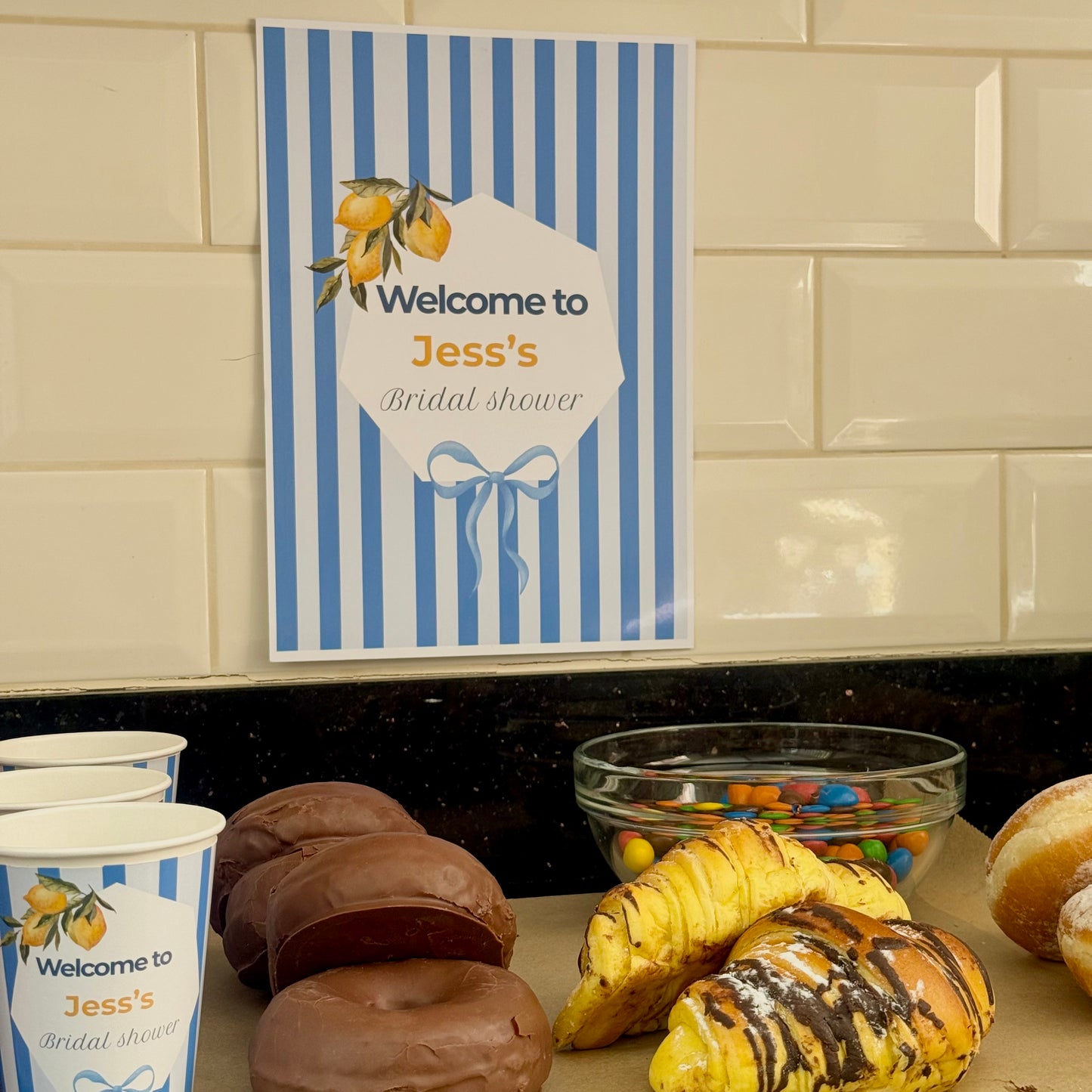 Personalised blue and lemon bridal shower signage