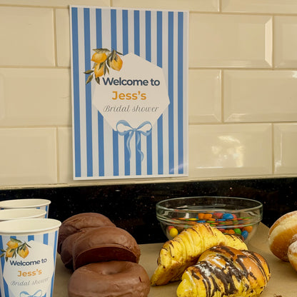 Personalised blue and lemon bridal shower signage