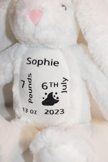 Personalised new born soft blue bunny keepsake