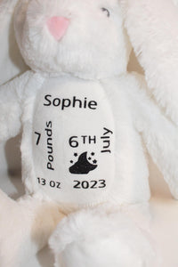 Personalised new born soft blue bunny keepsake