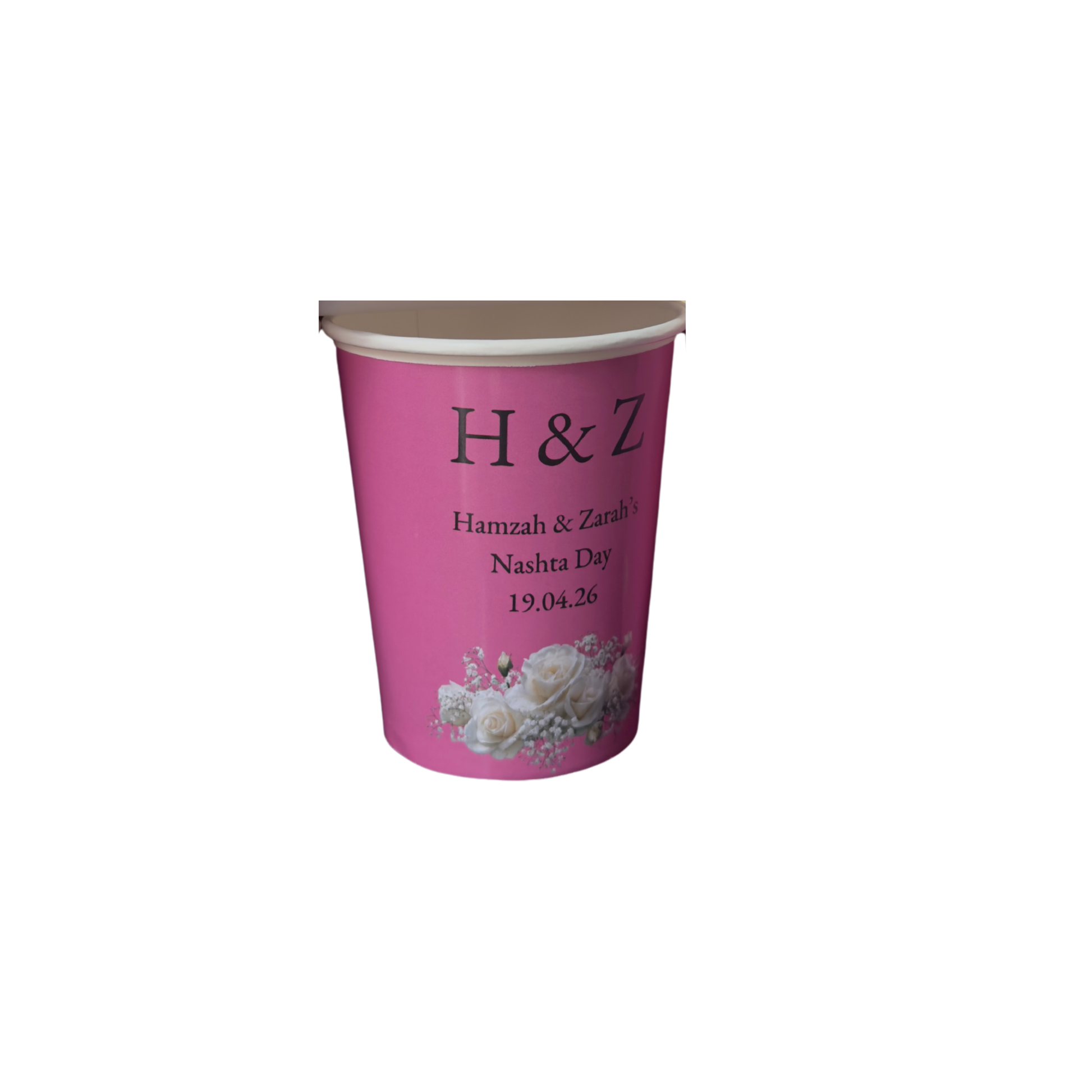 Pink paper cup with floral design and text on a white background - custom cups