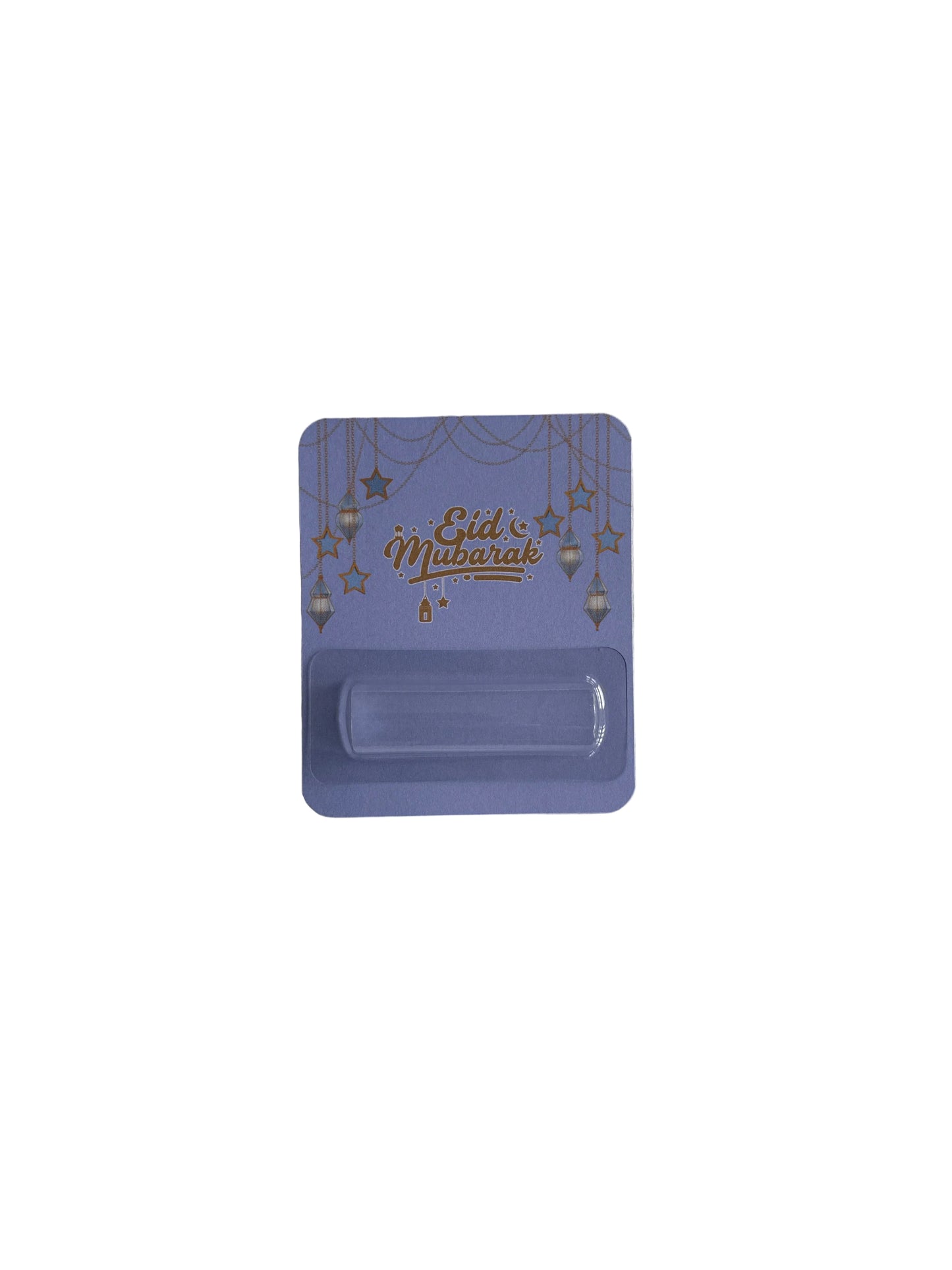 Blue wall lights with gold chains with 'Eid Mubarak' text and star designs on a white background. The card is dark purple 