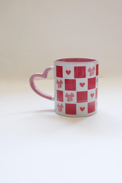 Pink squared love heart and bow 11 0z mug