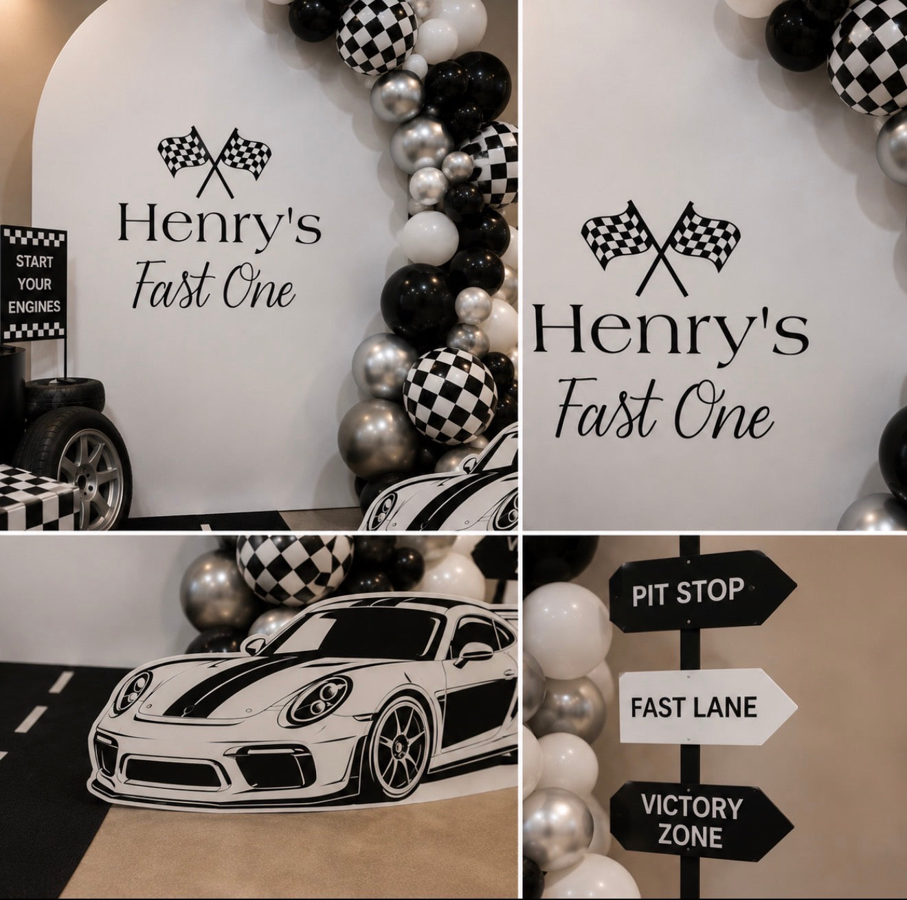 Decorative setup with 'Henry's First One' theme, including balloons, car illustrations, and directional signs.