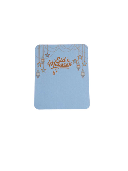 Light Blue card with 'Eid Mubarak' text on it, gold Eid Mubarak 