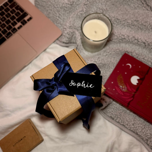 Black glossy name tag for gift boxes and gift bags, UK