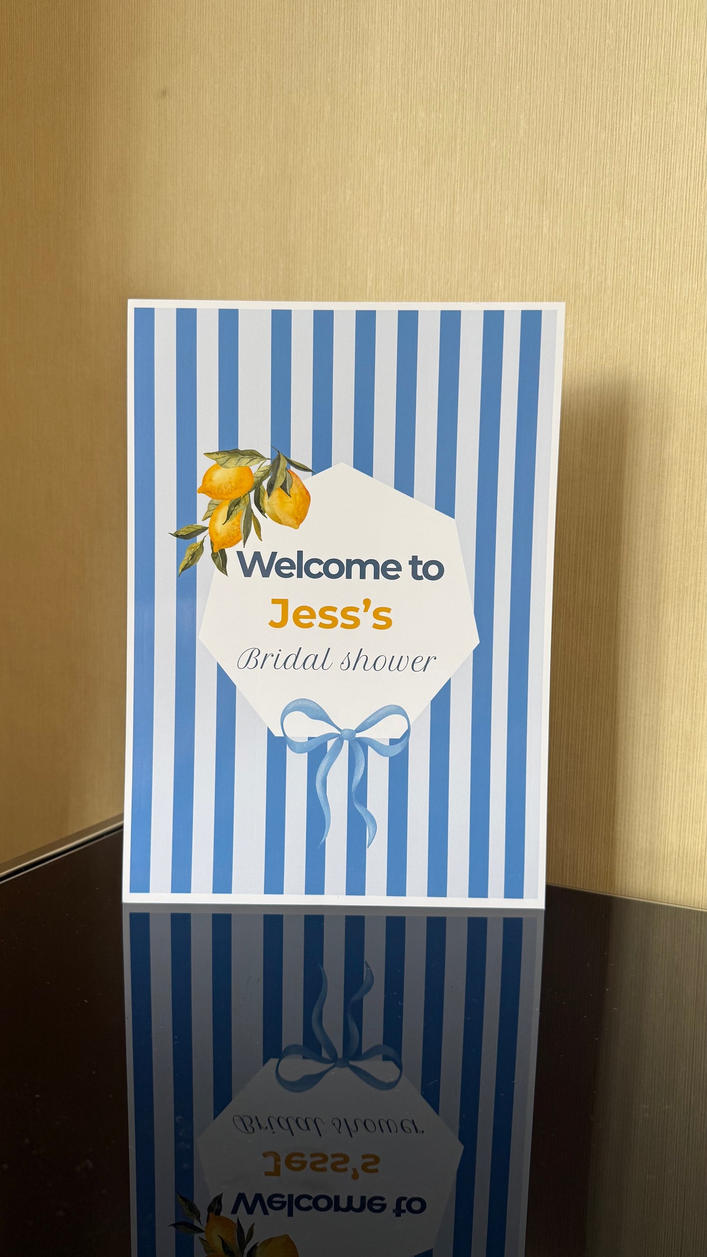 Personalised blue and lemon bridal shower signage