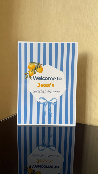 Personalised blue and lemon bridal shower signage