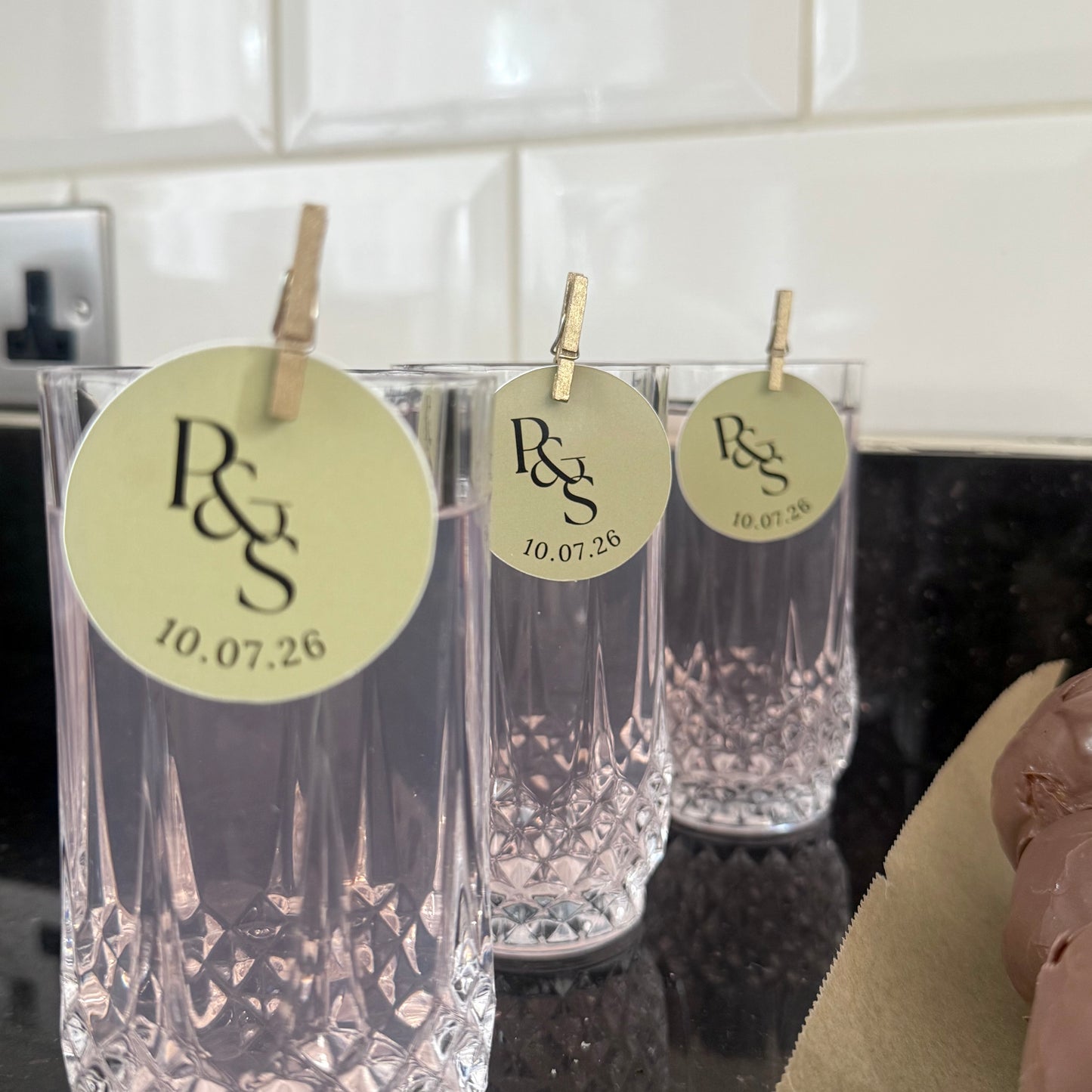 Custom initial glass toppers sage green