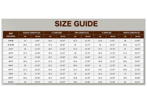 Size guide line for loungewear set. Starting from 3-6 months to age 9-10 years old 
