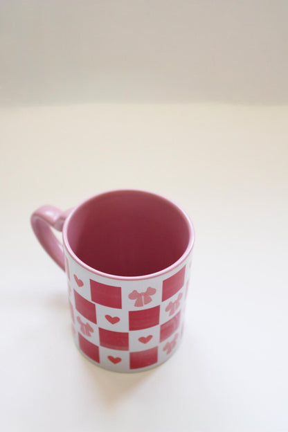 Pink squared love heart and bow 11 0z mug