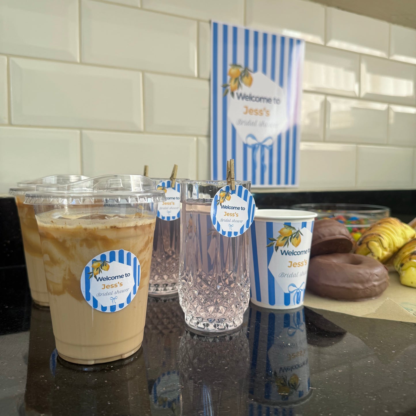 Personalised Blue & Lemon Bridal Shower Cup Stickers